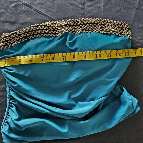 Medium Strapless Bandeau Tankini Swimsuit Set Teal Blue Ruched 2-Piece NWOT - Picture 9 of 10